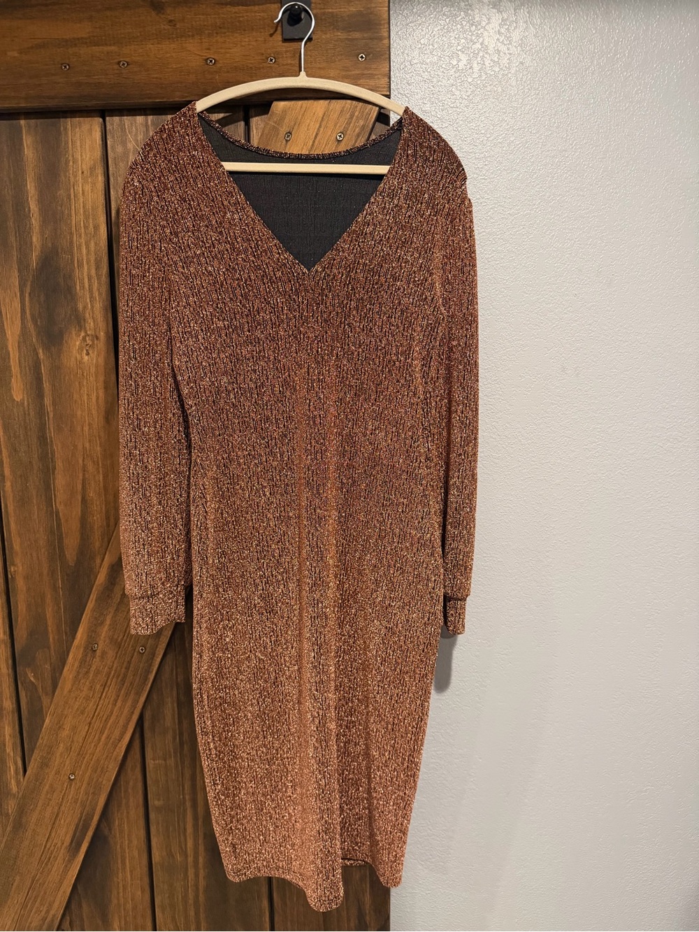V-Neck Long Sleeve Strecthy Dress in Copper size XL